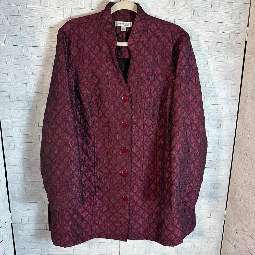 Coldwater creek burgundy quilted jacket blazer satin button up vamp plus size